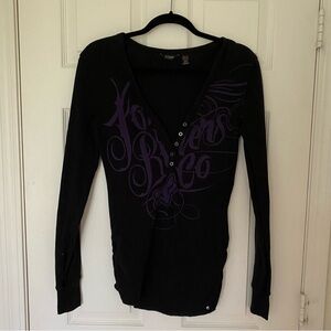 Fox Black Long Sleeve Henley with Purple Script Graphic